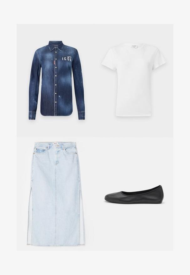 Camicia di jeans blu scuro, con design a bottoni, orli sfilacciati, accenti usurati e testo bianco "ICON" sul petto.; T-shirt bianco in cotone con colletto a girocollo e maniche corte, caratterizzato da una vestibilità rilassata e un design minimalista. Etichetta visibile sul collo.; Gonna maxi in denim azzurro chiaro con taglio dritto, dotata di spacchi laterali e design a cinque tasche. Cuciture in evidenza e chiusura con bottone in metallo.; Pantofole da balletto nere in pelle con punta arrotondata, texture liscia, dettagli di cucitura minimi e design con suola flessibile.