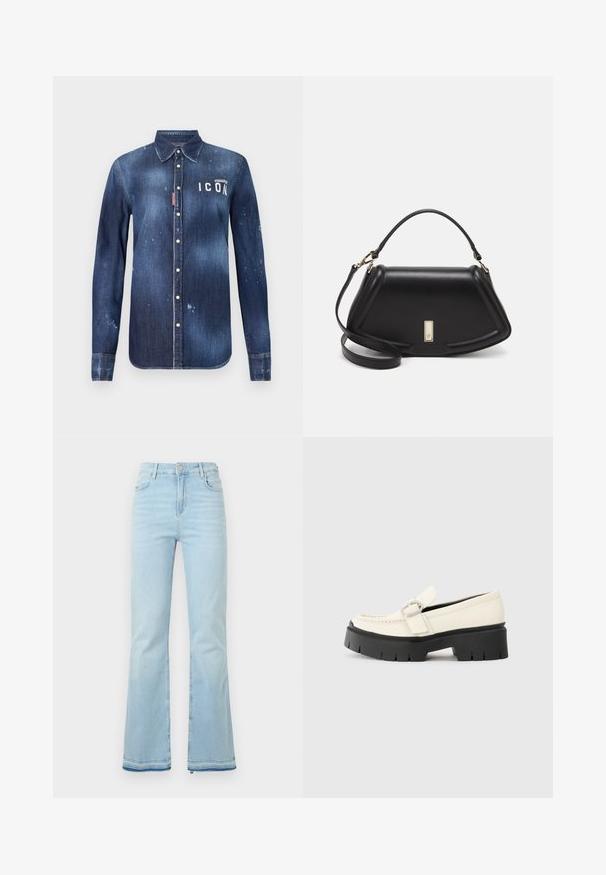 Tumed sinine teksajakk, millel on nööpidega avamisest kujundus, säilinud kulumine, kulunud aktsendid ja valge "ICON" tekst rindkeres.; Heledad helesinised teksad, mis on valmistatud denimist, kõrge vöökohaga, esikottidega ning toore äärtega sääreosas, et luua lõdvestunud välimus.; Valge nahast loafer, millel on massiivne must platvormi tald, neljakandiline hõbedane pandla ja nähtavalt õmblusdetail ülaserval.; Must mustrist käekott, millel on struktureeritud disain, lühendatud kuju, ülemine käepide ja kuldne metallist detail. Reguleeritav õlalihm on kaasas.