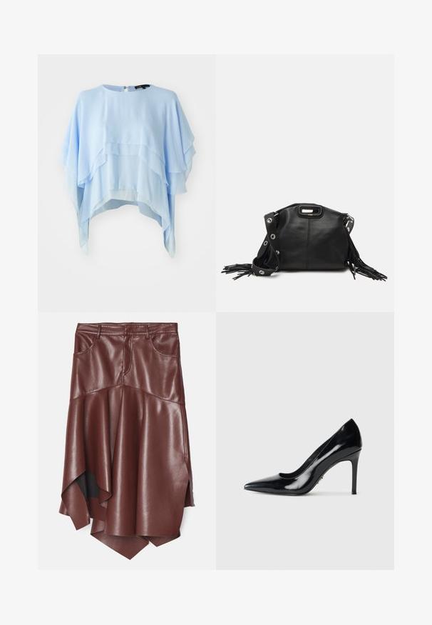 Lys blå lagdelt bluse lavet af flydende stof. Har en rund halsudskæring, korte ærmer og en lynlås i ryggen. struktureret med bløde draperinger.; Brun faux læder nederdel med en flared, asymmetrisk kant, der har to forlommer og en glat, blank overflade.; Sort patenteret læder højhælet pumpe med spids tå og slank stilettohæle på hvid baggrund.; Maje MISS MINI - Skuldertasker - noir