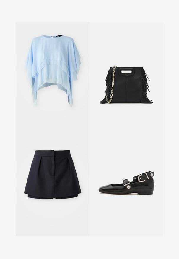 Šviesiai mėlynas sluoksniuotas viršus, pagamintas iš tekantis audinio. Su apvaliu iškirpimu, trumpomis rankovėmis ir užtrauktuku nugaroje. Tekstūruotas, su švelniais klostėmis.; Jūriniai klostuoti šortai su aukštu liemeniu, pagaminti iš lygaus audinio. Turi prigludusią konstrukciją ir paslėptą priekinių kišenę.; Juodas lakinės odos plokščias batelis su kvadratiniu pirštu, kulkšnies dirželiu su sidabro detalėmis ir plokščiu padu. Sklandus paviršius su minimalistišku dizainu.; Juodas odinis rankų darbo rankinys su frinzuotomis detalėmis, auksine grandinės petneša ir išpjauto dizaino rankena. Pirmoje pusėje yra logotipo vieta.; Aukso spalvos auskarai su keliais kaskadiniais grandinėlėmis, su skaidriais ovaliais kristalų akcentais ir dekoratyviniais auskarų priekiais.