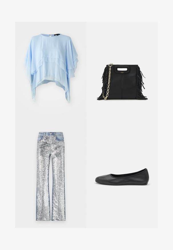 Top stratificat de un albastru deschis, realizat dintr-un material fluid. Are un decolteu rotund, mâneci scurte și un fermoar la spate. Cu o textură plină, având o cădere moale.; Jeans din paiete argintii cu un design evazat, cu un brâu și laterale din denim, creând o suprafață texturată și reflectorizantă.; Balerini din piele neagră, cu vârf rotund, textură netedă, detalii de cusătură minimale și un design al tălpii flexibil.; Geantă de mână din piele neagră cu detalii din franjuri, curea de umăr din lanț auriu și un mâner cu tăietură. Prezintă plasarea logo-ului pe față.