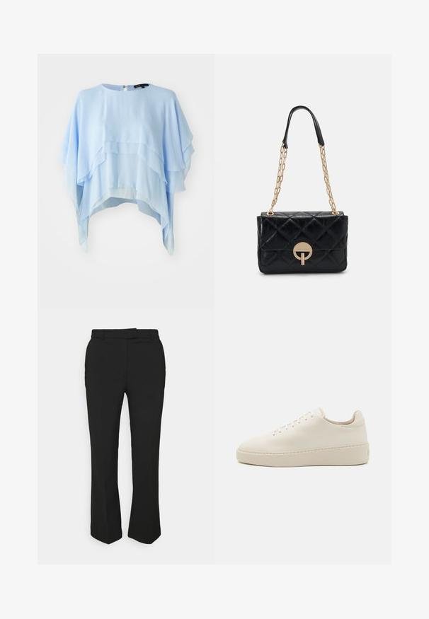 Top azzurro chiaro a strati realizzato in tessuto fluido. Presenta un colletto rotondo, maniche corte e una zip sul retro. Con texture e morbide drappeggi.; Pantaloni neri su misura con design a gamba dritta, dotati di passanti per cintura e tasche laterali. Realizzati in tessuto liscio con una finitura pulita.; Sneaker in pelle bianca con punta arrotondata, lacci tonali e suola platform spessa. Design minimalista con texture liscia e senza marchi visibili.; Borsa a tracolla nera in pelle trapuntata con una catena dorata, caratterizzata da un dettaglio a chiusura circolare. Forma rettangolare compatta con una texture liscia.