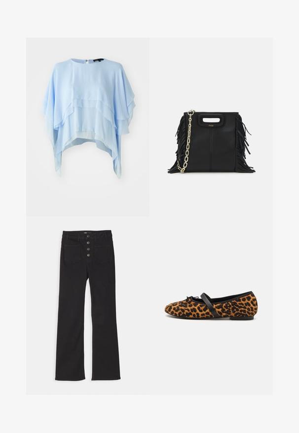 Světle modrý vrstvený top vyrobený z lehkého materiálu. Má kulatý výstřih, krátké rukávy a zip na zádech. Texturovaný s jemným drapováním.; Černé zvonové džíny s vysokým pasem, designem s pěti kapsami a předním zapínáním na čtyři kovové knoflíky.; Baleríny v leopardím vzoru s černými akcenty, mají zaoblenou špičku, plochou podrážku a dekorativní mašličku vpředu. Měkký povrch.; Černá kožená kabelka s třásněmi, zlatým řetízkovým ramenním popruhem a rukojetí s výřezem. Na přední straně se nachází logo.
