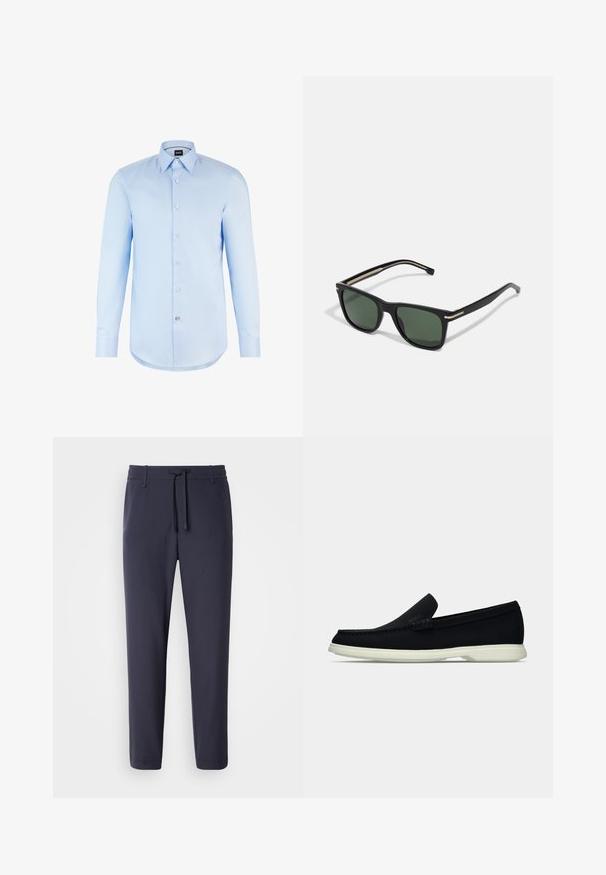 Camisa de botão azul claro de manga longa com colarinho pontudo, bolso no peito e botões brancos. Tecido suave, ajuste estruturado.; Calças de jogging navais com cintura elástica e cordão. Feitas de um material suave, com pernas afuniladas e sem bolsos visíveis.; Shoe slip-on preto com bico arredondado, apresentando um cabedal texturizado, sola branca lisa e um detalhe de marca discreto na lateral.; BOSS Óculos de sol - black