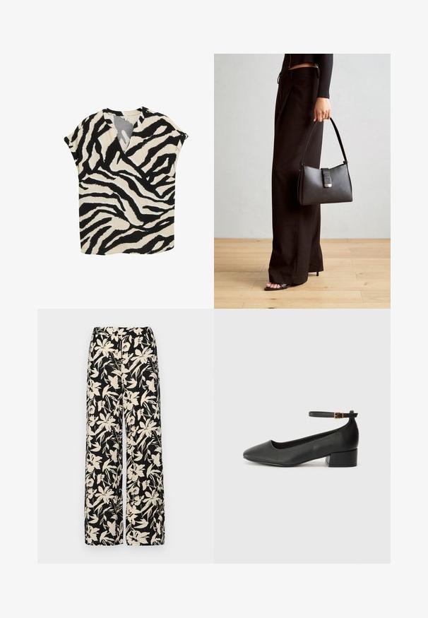 Kurzärmliges Oberteil in Beige mit schwarz-weißem Zebramuster. Verfügt über einen V-Ausschnitt und eine lockere Passform, hergestellt aus leichtem Stoff.; Schwarzes Kurzarmoberteil aus glattem Material, mit einem Peplum-Design und einem taillierten Bund, der mit zwei runden, silberfarbenen Knöpfen ausgestattet ist.; Schwarze weit geschnittene Hose mit einem cremefarbenen Blumenmuster. Hergestellt aus leichtem Stoff, mit einer glatten Textur und einem hohen Bund.; Schwarze Lederpumps mit spitzem Zehenbereich und niedrigem Blockabsatz. Mit einem Knöchelriemen und einer goldfarbenen Schnalle. Glatte Textur.; Schwarze Handtasche mit strukturierter Form, glatter Textur und einem metallischen Verschluss. Kombiniert mit weiten schwarzen Hosen und offenen Sandalen auf einem Holzboden.