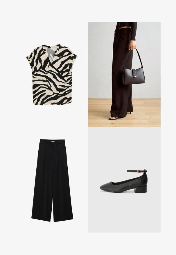 Kratki rukav majica u bež boji s crno-bijelim zebrinim uzorkom. Ima V-izrez i slobodan kroj, izrađena je od laganog materijala.; Crne široke hlače od teksturirane tkanine, s elastičnom pojasom i odvojivim remenom na struku za prilagodivo pristajanje.; Crne kožne pumpe s oštrim vrhom i niskom blok petom. Sadrže remen oko gležnja s zlatnim kopčanjem. Glatka tekstura.; Crna torba s oblikom koji sadrži strukturu, glađu teksturu i metalnu kopču. Uparena s širokim crnim hlačama i sandalama na otvorenom s drvenog poda.