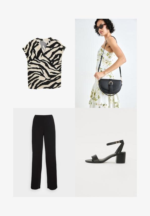 Kurzärmliges Oberteil in Beige mit schwarz-weißem Zebramuster. Verfügt über einen V-Ausschnitt und eine lockere Passform, hergestellt aus leichtem Stoff.; Schwarze Hose mit geradem Bein, glatter Textur und enganliegendem Bund. Verfügt über Fronttaschen und minimalen Nähdetails.; Schwarze High Heels Sandalen mit einem glatten Lederoberteil, offener Zehenpartie, breiten Vorderstraps und verstellbarem Knöchelriemen mit einem goldenen Schnallen-Detail.; Schwarze Lederhandtasche mit geschwungener Form, abnehmbarem Tragegurt und goldenen Beschlägen. Die Tasche verfügt über einen Deckel mit einer Schnallen-Details.