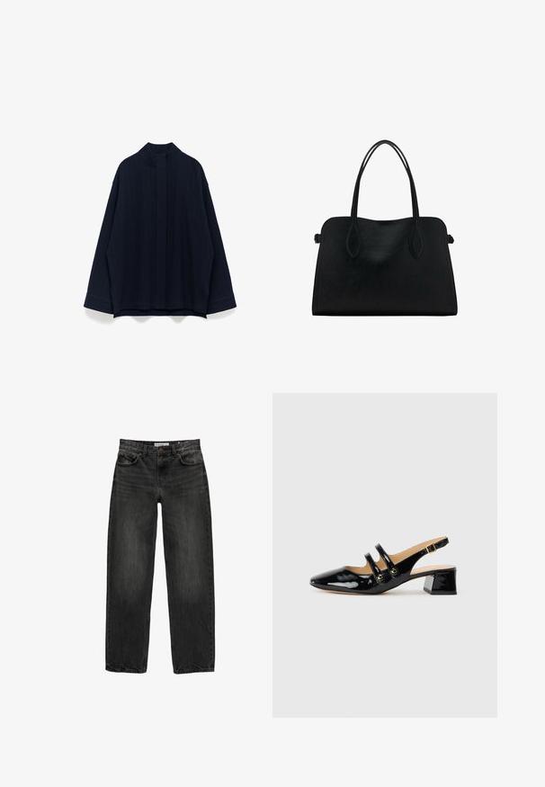 Navy oversized top gemaakt van textuurstof, met een hoge kraag, verlaagde schouders en wijde mouwen met contrasterende manchetten.; Zwarte denim jeans met een relaxte pasvorm, rechte pijpen, vijf-pocket ontwerp en een licht vervaagde textuur. Knop- en ritssluiting aan de voorkant.; Zwarte patenten leren slingback schoenen met een spitse neus, twee bandjes, gouden ronde accenten en een lage blokhak.; Zwarte leren handtas met dubbele schouderriemen, rechthoekige vorm en minimalistisch ontwerp op een witte achtergrond.