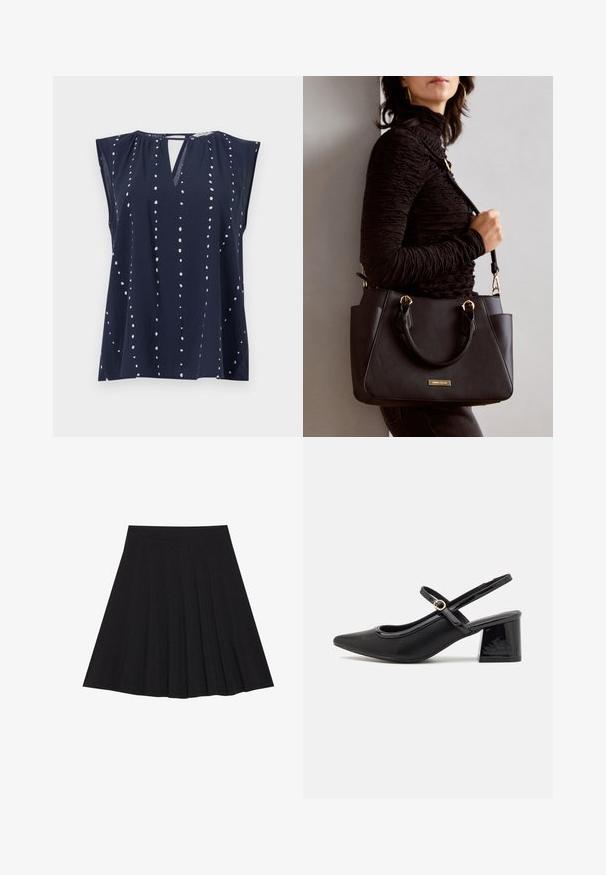 Top sem mangas azul marinho com decote em V e detalhe em forma de buraco, apresentando padrões brancos de bolinhas dispostos verticalmente por todo o tecido.; Saia preta plissada feita de tecido texturizado com uma faixa na cintura ajustada. Cai até ao joelho, apresentando uma silhueta suave e limpa.; Sabrinas de cerâmica preta com salto bloco, bico apontado e um design com recortes arredondados. Apresenta um detalhe em fivela de tom dourado.; Bolsa preta com superfície texturizada, alças superiores duplas e alça de ombro ajustável. Apresenta ferragens em tom dourado e bolsos laterais.
