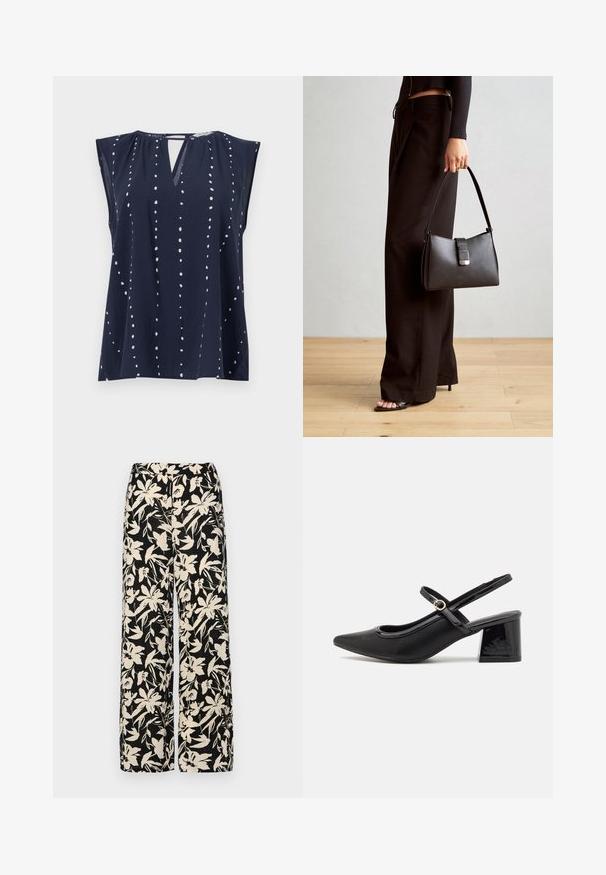 Mornarsko plava bezrukava bluzica s V-izrezom i detaljem u obliku ključa, s bijelim točkastim uzorkom vertikalno raspoređenim po tkanini.; Crne široke hlače s kremastim cvjetnim uzorkom. Izrađene od lagane tkanine, sa glatkom teksturom i visokim pojasom.; Crne lakirane slingback visoke potpetice s šiljastim vrhom, zaobljenim izrezom i blok potpeticom. Sadrži akcent zlatnog tona s kopčom.; Crna torba s oblikom koji sadrži strukturu, glađu teksturu i metalnu kopču. Uparena s širokim crnim hlačama i sandalama na otvorenom s drvenog poda.