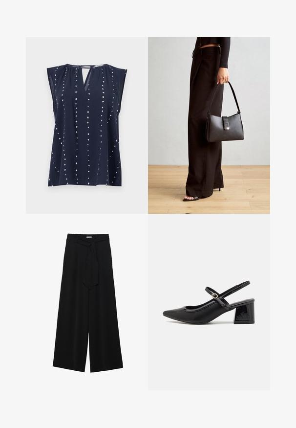 Navyblaues ärmelloses Oberteil mit V-Ausschnitt und Schlitzdetails, das weiße Punktmuster hat, die vertikal über den Stoff angeordnet sind.; Schwarze weite Hosen aus strukturiertem Stoff, mit elastischem Bund und einem abnehmbaren Bindegürtel in der Taille für eine verstellbare Passform.; Schwarze Lackleder-Slingback-Absätze mit spitzer Zehenform, einem runden Ausschnitt-Design und einem Blockabsatz. Mit einem goldfarbenen Schnallenakzent.; Schwarze Handtasche mit strukturierter Form, glatter Textur und einem metallischen Verschluss. Kombiniert mit weiten schwarzen Hosen und offenen Sandalen auf einem Holzboden.