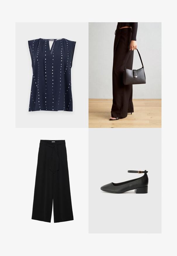 Σκούρο μπλέ αμάνικο μπλουζάκι με V-λαιμόκοψη και λεπτομέρεια σε σχήμα κλειδαριάς, διακοσμημένο με λευκά τελειώματα σε κουκκίδες που είναι κατακόρυφα τοποθετημένα πάνω στον ύφασμα.; Μαύρο παντελόνι με φαρδιά πόδια, φτιαγμένο από υφασμάτινη ύλη με υφή, με ελαστική μέση και αποσπώμενη ζώνη στη μέση για ρυθμιζόμενη εφαρμογή.; Μαύρο δερμάτινο τακούνι με μυτερή μύτη και χαμηλό τετράγωνο τακούνι. Διαθέτει λουράκι στον αστράγαλο με χρυσό τόνο πόρπη. Λείο υφή.; Μαύρη τσάντα χειρός με δομημένο σχήμα, λεία υφή και μεταλλικό κούμπωμα. Συνδυασμένη με φαρδιά μαύρα παντελόνια και σανδάλια ανοιχτής μύτης πάνω σε ξύλινο πάτωμα.