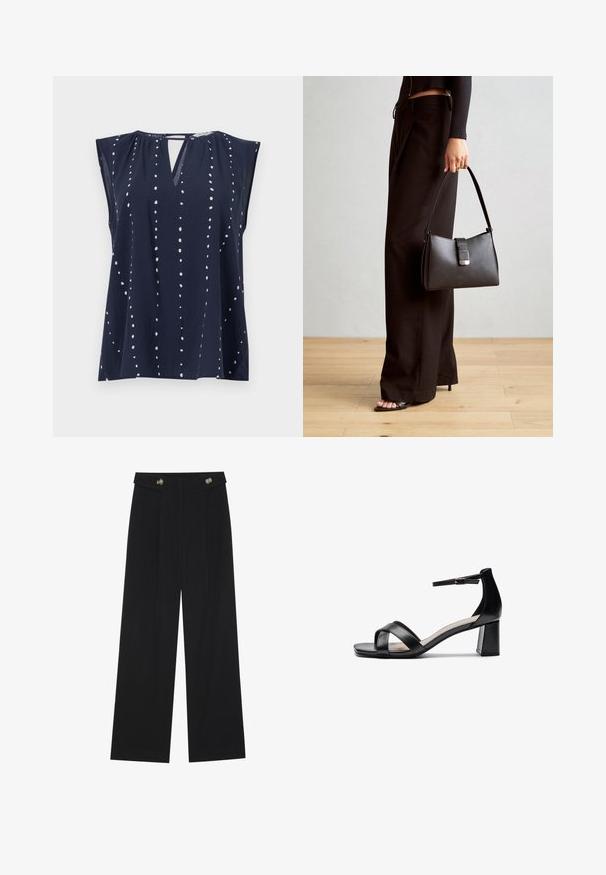 Navyblauwe mouwloze top met een V-hals en een sleutelgatdetail, voorzien van witte stippenpatronen die verticaal over de stof zijn gerangschikt.; Zwarte wijde broek met hoge taille, knoopdetails op de tailleband en plooien aan de voorkant.; Zwarte open teen hakken sandalen met gekruiste banden, een verstelbare enkelband en een chunky hak, met een gladde leren textuur.; Zwarte handtas met gestructureerde vorm, gladde textuur en een metalen sluiting. Gecombineerd met brede zwarte broeken en sandalen met open teen op een houten vloer.