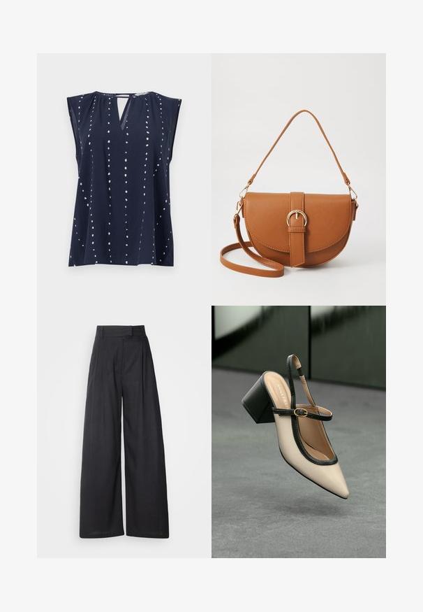 Navy blue sleeveless top with a V-neck and keyhole detail, featuring white dotted patterns vertically arranged across the fabric.; Dark, wide-leg trousers with a structured waistband and pleats. Made of lightweight fabric, featuring a smooth texture and no visible patterns.; Beige pointed-toe slingback shoe with black trim, gold buckle, and a chunky block heel on gray floor with dark green background.; Brown leather crossbody bag with a curved shape, gold hardware, and a buckle accent. Features a detachable shoulder strap.
