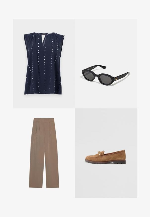 Top sans manches bleu marine avec décolleté en V et détail en trou de serrure, présentant des motifs à pois blancs disposés verticalement sur le tissu.; Pantalons plissés marron avec une coupe large, dotés d'une taille plate et de poches latérales, fabriqués à partir d'un tissu léger.; Tamaris Chaussons - camel; Lunettes de soleil ovales noires avec des verres sombres et une monture en plastique brillant. Présente un logo doré sur la branche, offrant un design épuré et moderne.