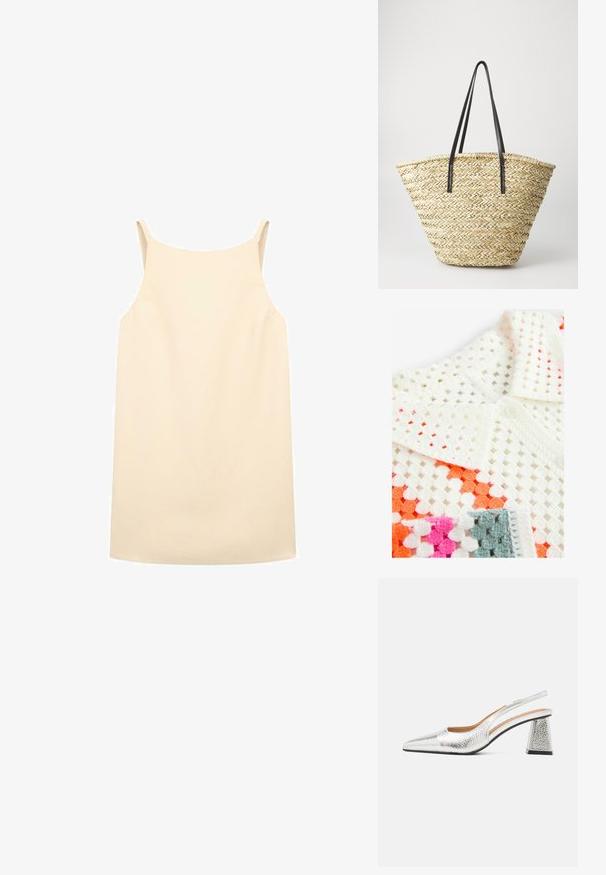 White crocheted polo shirt features open knit design with orange, pink, and grey accents; includes a buttoned collar and textured fabric.; Beige sleeveless dress with a relaxed fit, made from smooth fabric, featuring thin shoulder straps and a straight hemline.; Silver slingback pump with a pointed toe, textural metallic finish, and a triangular block heel. Interior features brown leather details.; Woven straw tote bag with a wide, tapered shape, featuring two black leather handles. Natural beige color with a textured surface.
