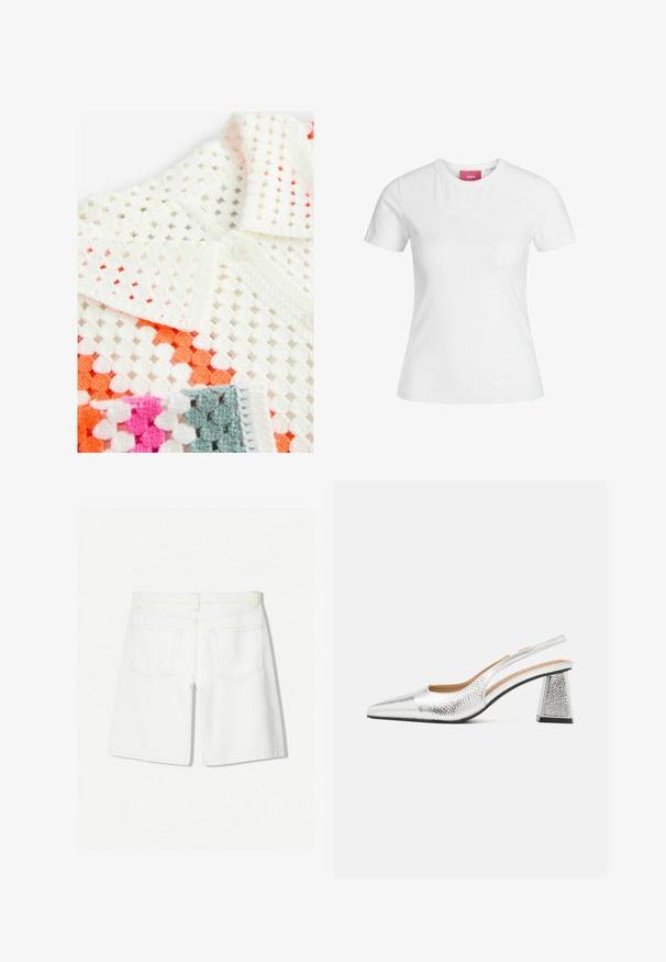 White crocheted polo shirt features open knit design with orange, pink, and grey accents; includes a buttoned collar and textured fabric.; White cotton t-shirt with short sleeves and a round neckline. Features a pink label on the inner neck. Smooth texture.; White denim shorts with a straight-cut design, featuring a high waist, two back pockets, and subtle stitching detail.; Silver slingback pump with a pointed toe, textural metallic finish, and a triangular block heel. Interior features brown leather details.