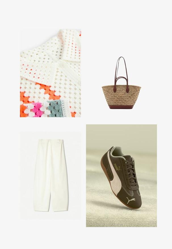 Biely háčkovaný polo tričko má otvorený pletený dizajn s oranžovými, ružovými a šedými akcentmi; obsahuje gombíkový golier a textúrovanú látku.; Bavlnené nohavice s širokými nohavicami v jemnej krémovej farbe, s hladkým povrchom, prednými vreckami a voľným strihom s pásom strednej výšky.; Hnedé tenisky Puma so béžovým pruhom a logom, šnurované, odpočívajúce na textúrovanom béžovom povrchu.; Tkána slamenná taška s prepletenou textúrou, tmavohnedé kožené rúčky a dno, široký obľúkový tvar a otvorený dizajn na vrchu.