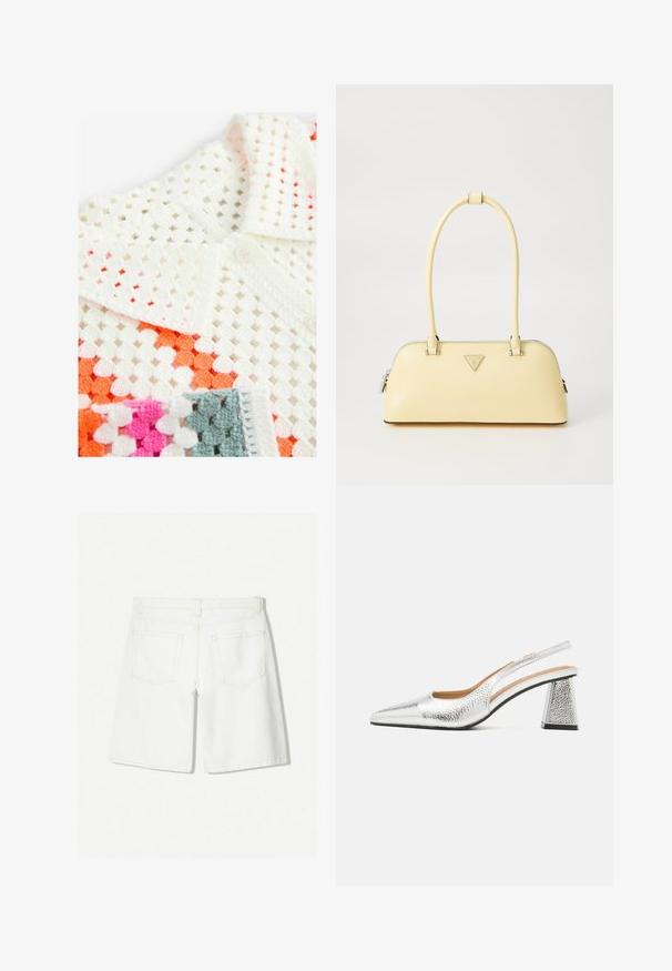 Das weiße, gehäkelte Poloshirt zeichnet sich durch ein offenes Strickdesign mit orangefarbenen, rosa und grauen Akzenten aus; es verfügt über einen mit Knöpfen versehenen Kragen und einen strukturierten Stoff.; Weiße Denim-Shorts mit einem geraden Schnitt, hoher Taille, zwei Gesäßtaschen und dezenten Steppnähten.; Silberne Slingback-Pumps mit spitzem Zeh, texturaler metallischer Oberfläche und einem dreieckigen Blockabsatz. Das Innere weist braune Lederdetails auf.; Gelbe lackierte Lederhandtasche mit runder Form, einem einzelnen oberen Griff und einer silbernen Logo-Platte. Verfügt über einen Reißverschluss und eine glatte Textur.