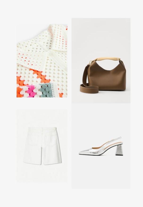 Das weiße, gehäkelte Poloshirt zeichnet sich durch ein offenes Strickdesign mit orangefarbenen, rosa und grauen Akzenten aus; es verfügt über einen mit Knöpfen versehenen Kragen und einen strukturierten Stoff.; Weiße Denim-Shorts mit einem geraden Schnitt, hoher Taille, zwei Gesäßtaschen und dezenten Steppnähten.; Silberne Slingback-Pumps mit spitzem Zeh, texturaler metallischer Oberfläche und einem dreieckigen Blockabsatz. Das Innere weist braune Lederdetails auf.; Braune Lederhandtasche mit creamfarbenem Griff, runder Form, verstellbarem Trageriemen und sichtbaren Nähten.