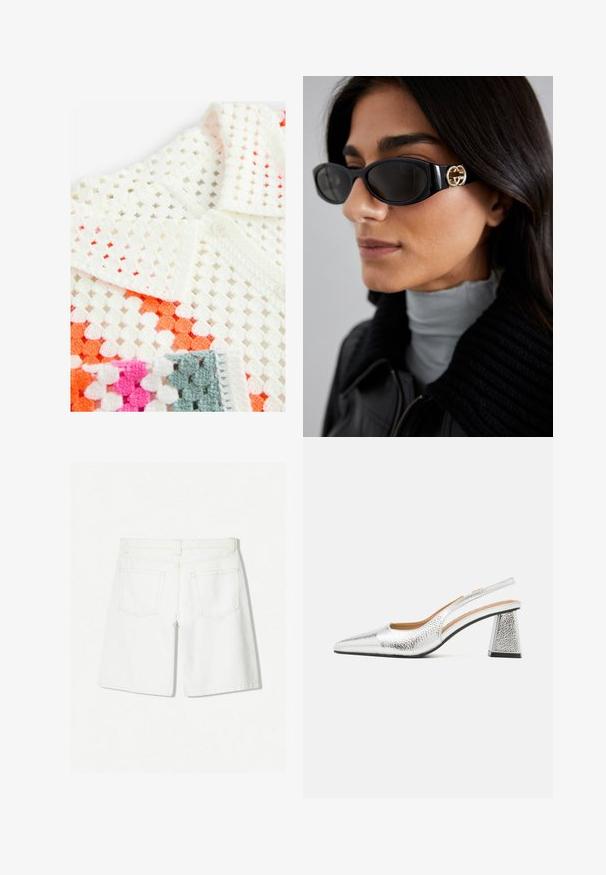 Hvid hæklede polo skjorte med åbent strikket design og orange, pink og grå detaljer; inkluderer en knappet krave og tekstureret stof.; Hvide denim shorts med et lige snit, der har høj talje, to baglommer og diskrete syninger.; Sølv slingback stiletto med spids tå, teksturelt metallic finish og en triangulær blokhæle. Indersiden har brune læderdetaljer.; Sorte solbriller med en strømlinet rektangulær ramme og en guld logoaccent på siden. Mørke linser og blank overflade er fremtrædende.