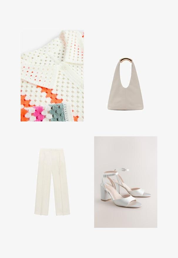 Un polo en crochet blanc avec un design en maille ouverte, complété par des accents orange, rose et gris ; il comprend un col à boutons et un tissu texturé.; Pantalons larges de couleur crème clair. Fabriqués dans un tissu lisse avec des plis à l'avant et des poches latérales.; Sandales blanches à talon carré ouvert à l'avant avec brides à la cheville et boucles argentées sur un fond beige neutre.; Sac en cuir gris clair avec un design en forme de U et une poignée métallique courbée. Texture lisse avec un minimum de coutures et sans motifs visibles.