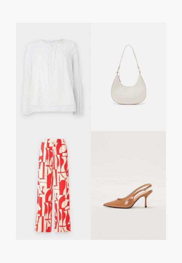 Valge pikkade varrukatega pluus pitsakentsidega, ümar kaelus, volangiga rind ja tekstureeritud täpid siledal kangal.; Punane mustriga laiad püksid, millel on elastne vöökoht, valmistatud kerge kangaga, millel on abstraktsed kujundid punases ja kreemis.; Küüntega slingback konts, mis on valmistatud siledast ja läikivast tan värvi materjalist. Omab kaarjat lõigatud disaini ja õhukest stiletto kontsa. Hõbedane pandla detail.; Kreemi nahast õlavarre kott, millel on poolkuu kuju, peen rihm ja diskreetne õmblusdetail. Minimalistlik disain kuldse tooni metallosadega.