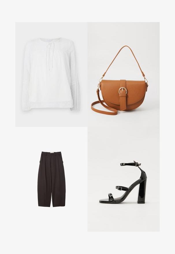 Weiße Bluse mit langen Ärmeln und Spitzenakzenten, Rundhalsausschnitt, gerafftem Oberteil und strukturierten Punkten auf glattem Stoff.; Schwarze weit geschnittene Hosen aus einem glatten Stoff, mit hoher Taille, Frontfalten und Seitentaschen. Schlichtes Design ohne Verzierungen.; Schwarze Lackleder-Sandalen mit hohen Absätzen, zwei Riemen mit Schnallen, quadratischer Zehenpartie und klobigem Blockabsatz, mit einer glatten, glänzenden Textur.; Braune Leder-Crossbody-Tasche mit geschwungener Form, goldfarbenen Beschlägen und einer Schnallenakzentuierung. Verfügt über einen abnehmbaren Schultergurt.