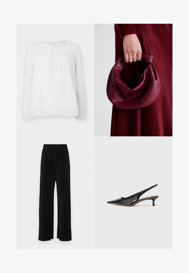 Balta ilgomis rankovėmis bluzonė su nėriniuotais akcentais, apvalia iškirpte, susiraukšlėjusia liemeniu ir tekstūriniais taškeliais ant lygaus audinio.; Juodi plisuoti kelnės su elastine juosta. Turėkite plačias kojas ir glotnų, tekstūrinį audinį su vertikaliais dryžiais.; Juoda blizgi oda slingback aukštakulniai su smailiu nosiu ir liekna vidutinio aukščio pakulne. Lygi tekstūra su minimalistiniais dizaino elementais.; Bordo odinė rankinė su minkštu, susiraukšlėjusiu dizainu ir apvalia forma. Rankena yra tvirtai pritvirtinta, atskleidžianti lygią tekstūrą.