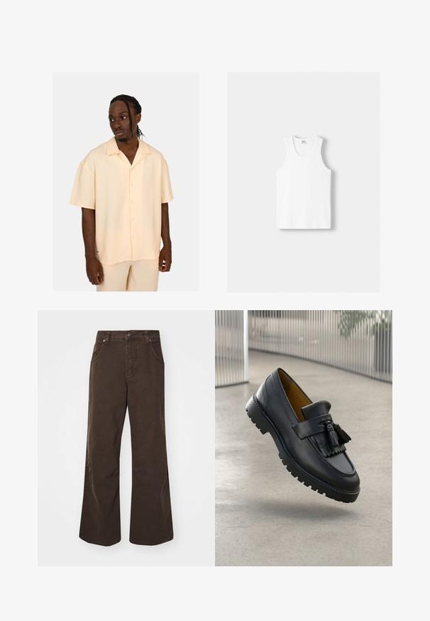 Jasnożółta koszula z krótkim rękawem o prążkowanej teksturze, z zapięciem na guziki i subtelnym logo. Krój jest luźny i swobodny, uszyta z lekkiego materiału.; Biały bawełniany top na ramiączkach z okrągłym dekoltem, szerokimi ramiączkami i prostym dołem, charakteryzujący się gładką teksturą i brakiem widocznych wzorów.; Brązowe szerokie spodnie wykonane z bawełny, z wysokim stanem, przednimi kieszeniami i gładką teksturą. Wykończenie obejmuje subtelne detale szwów.; Czarne skórzane mokasyny z detalem frędzli, gładkie wykończenie i gumowa podeszwa z rowkami trakcyjnymi. Wnętrze wyłożone kontrastującym brązowym kolorem.