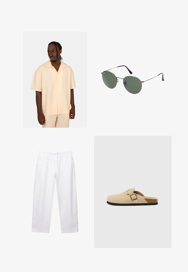 Helles gelbes Kurzarmhemd mit gerippter Textur, Knopfverschluss und dezentem Logo. Die Passform ist locker und lässig und besteht aus leichtem Material.; Weißes Baumwoll-T-Shirt mit kurzen Ärmeln, Rundhalsausschnitt und lässigem Schnitt. Glatte Textur ohne sichtbare Muster oder Akzente.; Weiße, locker sitzende Hose aus leichtem Stoff. Verfügt über einen elastischen Bund mit Kordelzug und zwei Seitentaschen.; Beige Wildleder-Slipper mit einem Korkfußbett, runder Zehenpartie und einem einfachen Riemen mit einer goldfarbigen Schnalle. Gummi-Sohle für besseren Halt.; Metallgestellte Sonnenbrille mit ovalen grünen Gläsern. Dünner silberner Metallrahmen und schwarze Ohrstücke. Minimalistisches Design, keine sichtbaren Logos.