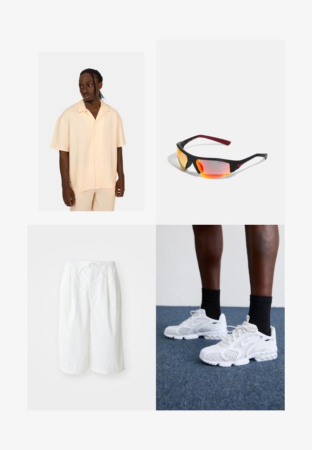 Camicetta corta a maniche corte di colore giallo pallido, con una texture a coste, chiusura con bottoni e un logo discreto. La vestibilità è morbida e informale, realizzata in materiale leggero.; Pantaloni corti bianchi con vita elasticizzata e coulisse, presentati su uno sfondo chiaro e semplice. Adatti per un abbigliamento casual o per la stagione calda.; Scarpe da ginnastica bianche con tomaia in rete, dettagli testurizzati e suola imbottita. Abbinato a calzini neri a coste sopra la caviglia su una superficie in moquette blu.; Occhiali da sole sportivi neri con lenti specchiate giallo-arancioni, dettagli rossi e stanghette curve. Presentano un design elegante e moderno.