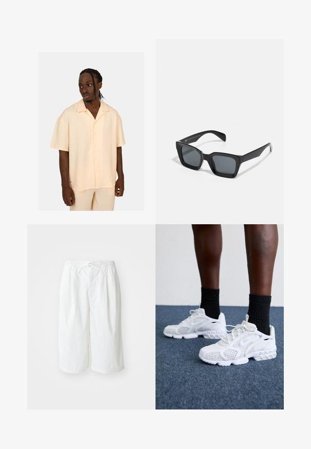Camicetta corta a maniche corte di colore giallo pallido, con una texture a coste, chiusura con bottoni e un logo discreto. La vestibilità è morbida e informale, realizzata in materiale leggero.; Pantaloni corti bianchi con vita elasticizzata e coulisse, presentati su uno sfondo chiaro e semplice. Adatti per un abbigliamento casual o per la stagione calda.; Scarpe da ginnastica bianche con tomaia in rete, dettagli testurizzati e suola imbottita. Abbinato a calzini neri a coste sopra la caviglia su una superficie in moquette blu.; Occhiali da sole neri rettangolari con lenti scure. Montatura in plastica con una finitura lucida, caratterizzati da un ponte ampio e braccia leggermente affusolate.