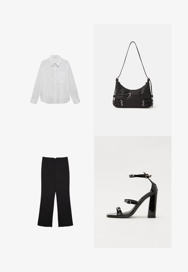 Camicia bianca in lino a maniche lunghe con colletto alla francese, taschino frontale e vestibilità classica. Tessuto morbido e design minimalista.; Pantaloni neri a gamba dritta, con tasche frontali e spacchi laterali all'orlo. Realizzati in tessuto morbido e liscio. Adatti a diverse occasioni.; Sandali con tacco in vernice nera, con punta squadrata, cinturini alla caviglia e fibbie in argento. Presentano un tacco a blocco spesso per maggiore stabilità.; Borsa nera a forma curvata, realizzata in materiale liscio. Presenta accessori in argento, tracolle regolabili e dettagli con fibbie sui lati.
