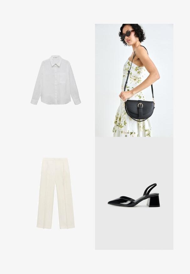 Witte linnen overhemd met lange mouwen, een button-down kraag, een borstzak en een klassieke fit. Glad textuur en minimalistisch ontwerp.; Wijdgevallen broeken in een lichtcrème kleur. Gemaakt van een zachte stof met plooien aan de voorkant en zijzakken.; Zwarte gepatineerde leren slingback hakken met een spitse neus en een geometrische blokhak. Kenmerkt zich door een slank, minimalistisch ontwerp en een gladde textuur.; Zwarte leren handtas met een gebogen vorm, afneembare schouderband en gouden hardware. De tas heeft een klep met een gespsluiting.