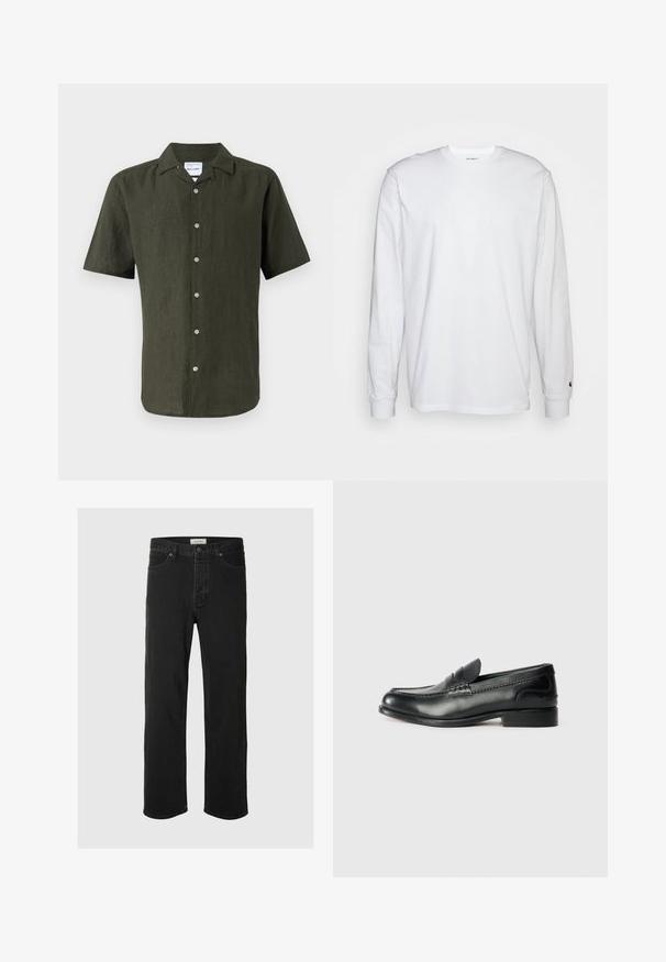 Lühikeste varrukatega tume roheline linane särk, millel on krae, esiaknaga nööbid ja sirge äärejoon. Tekstuuriga kangas, millel on kerge sära.; Valge pika varrukaga T-särk, mis on valmistatud puuvillast. Ümmargune kaelus, ribaga mansetid ja väike logo vasakul varrukal. Sile tekstuur.; Mustad denim sirged püksid on varustatud klassikalise viie taskuga, nupuga kinnitamisega, minimaalse õmblusega ja pehme tekstuuriga.; Mustad mustad nahast loafers, mis on kaunistatud sileda viimistluse, õmblusdetailide ja veidi kõrgendatud kannaga.