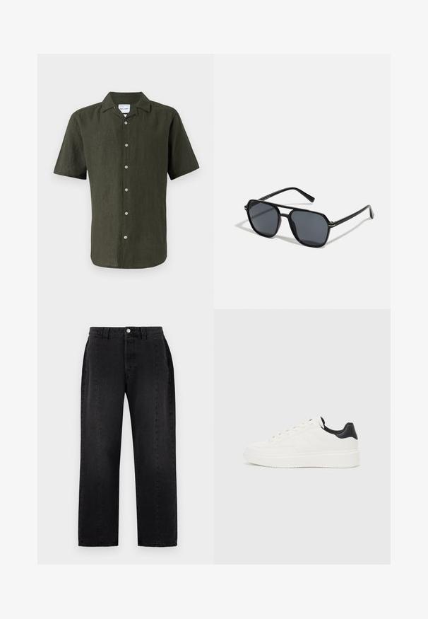 Lühikeste varrukatega tume roheline linane särk, millel on krae, esiaknaga nööbid ja sirge äärejoon. Tekstuuriga kangas, millel on kerge sära.; Mustast denimist koos sirge säärega. Omab nupuklappi, püksivöö silmuseid ja kahte küljetaskut. Sile tekstuur, mustrid pole nähtavad.; Valge nahast sneaker, millel on reljeefne muster, tekstureeritud valge vaheline tall ja must kannaaktsent. Omab ümarat nina ja lamedat paelavarrast.; Mustad mustad prillid oktaalpäistega, tumedad läätsed, läikiv viimistlus, õhukesed templid ja kuldsed aktsendid ees.