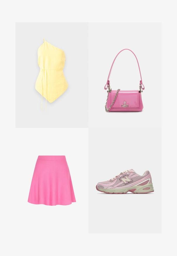 Jednoramenný žltý top z ľahkého materiálu, ktorý má zúžený pás s nastaviteľnými šnúrkami a špicatý lem. Hladká textúra.; Ružová pletená sukňa s priliehavým pásom a rozšíreným strihom, vyrobená z jemnej látky, ktorá pridáva hladkú textúru.; Ružová a béžová teniska New Balance 740 so sieťovinovým a syntetickým zvrškom, šnurovaním a polstrovanou podrážkou, zobrazená z bočného profilu.; Ružový lesklý kožený kabelka s obdĺžnikovým tvarom, odnímateľným reťazovým popruhom a striebornými kovovými detailmi na prednej strane.
