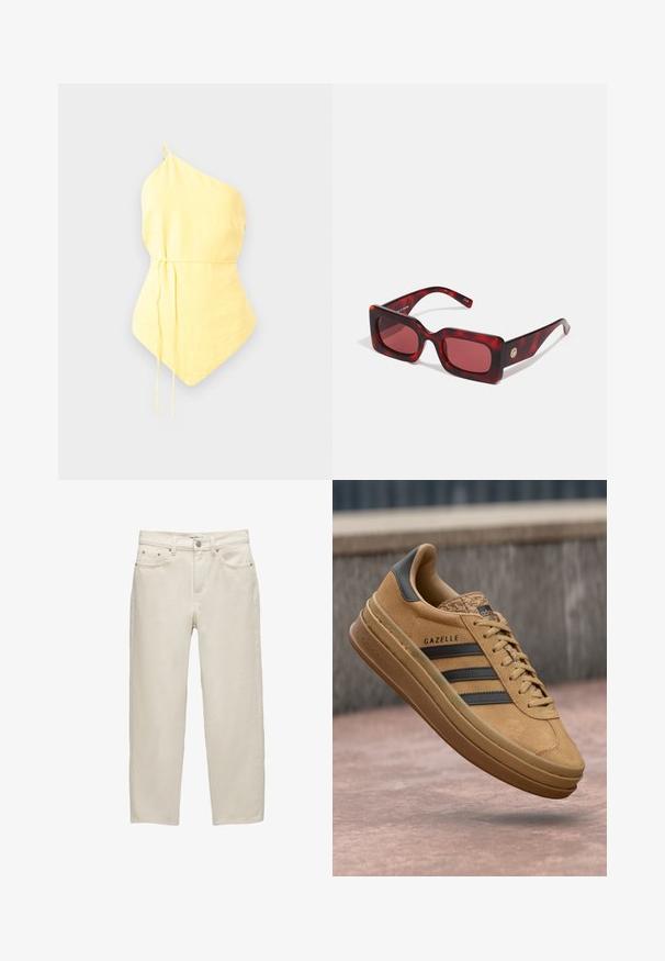 Žuti top s jednim remenom, izrađen od lagane tkanine, s stegnutim strukom s podesivim vezicama i šiljastim rubom. Glatka tekstura.; Bijele traperice od denima s opuštenim krojem, s ravnim nogavicama, dizajnom s pet džepova i metalnim detaljima s suptilnom teksturom.; Smeđe nubuk tenisice s glatkom teksturom, s tri tamne pruge, zaobljenim vrhom i debljom potplatom s uzorkom na rubu.; Noktima sunčana naočala u crvenim tonovima, s debelim okvirima od kornjačevine. Imaju zlatni akcent na sljepoočnicama. Glatka tekstura i sjajna završna obrada.; Woven straw basket torba s smešnim kožnim detaljima, dva ručka i odvojivim remenom. Savijen oblik s čvrstim dnom.