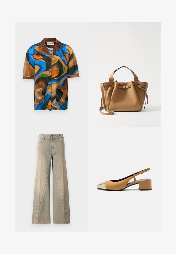 Lühikese varrukaga särgikujundus mitmevärvilisest satiinist, millel on abstraktsete keeris mustrid, pruuni värvi krae ja tasku ääristused ning nööpide ees sulgemine.; Heledu sinine lai jalgadega teksapüksid, mis on valmistatud denimist. Omab kõrget vööd, esiseid taskuid ja iseloomulikku õmblusmustrit jalgade ääres.; Kohvane nahast slingback pump metallikuldse kapotäppega, mis omab plokkninat ja peent reguleeritavat rihma. Sile tekstuur ja minimaalne detailitus.; Tory Burch ROMY PEBBLED SATCHEL - Käekott - tiramisu