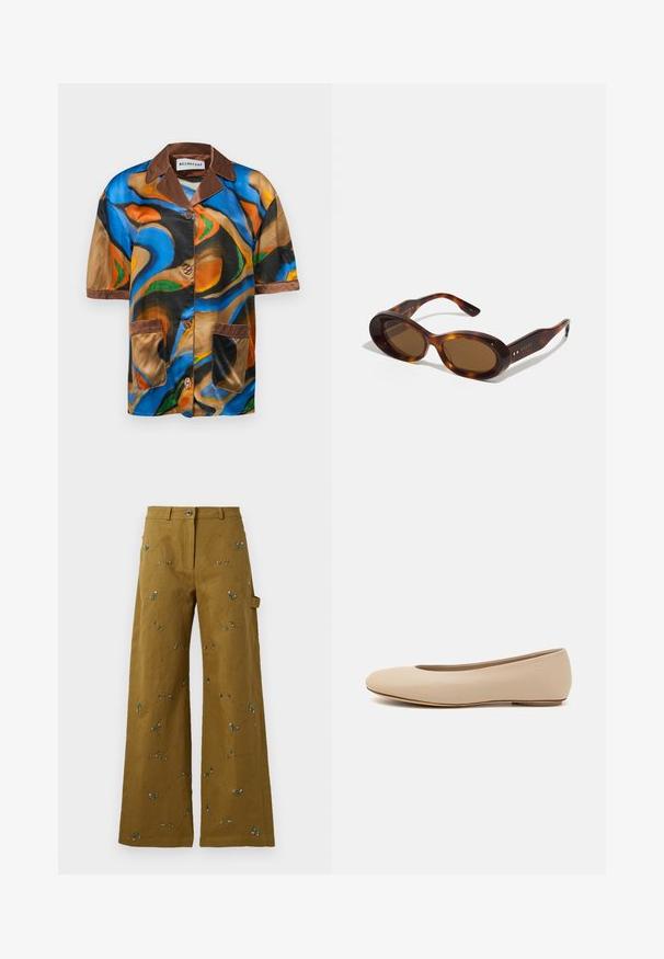 Krátky rukáv košela z viacfarebného saténu s abstraktnými vírivými vzormi, hnedým golierom a ozdobným lemom na vrecku a zapínaním na gombíky.; Široké nohavice z olivovo zelenej látky s kvetinovou výšivkou. Obsahujú uzáver na gombík a bočnú kapsu. Textúrované stehy po celom obvode.; Béžové kožené baleríny s okrúhlym prstom, minimálnym švom, nízkym podpätkom a diskrétnym logom na zadnej strane. Hladká, matná textura.; Slniečkovo hnedé slnečné okuliare s ovalnými šošovkami, zlatými akcentmi na rámčekoch. Hrubé rámy s lesklým povrchom a hladkou textúrou.