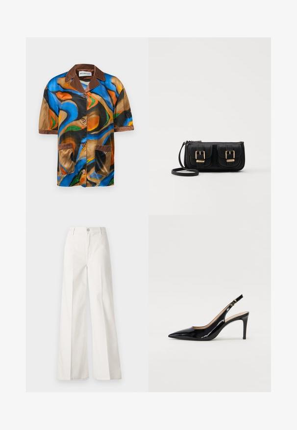 Kurzarmhemd aus mehrfarbigem Satin mit abstrakten Wirbelmustern, braunem Kragen und Taschenbesatz sowie Knopfverschluss vorne.; Weiße weite Hosen aus Baumwolle mit glatter Textur. Sie verfügen über einen vorderen Knopf, einen Reißverschluss und ein Design mit vier Taschen.; Schwarz lackierte Slingback-Pumps mit spitzem Zehenbereich, schlankem Absatz und einem subtilen Ausschnittdesign. Verfügt über eine goldene Schnalle am Riemen.; Schwarze Leder-Umhängetasche mit zwei vorderen Taschen, goldenen Schnallen, Reißverschluss und einem schmalen Tragegurt. Texturierte Oberfläche und kompakte rechteckige Form.