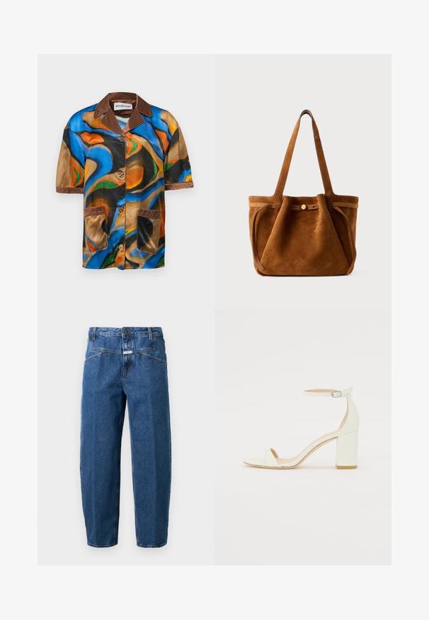 Košulja kratkih rukava u višebojnom satenu s apstraktnim uzorcima spirale, smeđim ovratnikom i rubovima džepa, te prednjim zatvaranjem na dugmad.; Traperice u tamnoplavoj boji, s udobnim krojem, dizajnom s pet džepova, šivenim šavovima i kopčanjem na dugme na pojasu.; Bijela kožna sandala na blok petu s remenom oko zapešća i minimalističkim dizajnom. Otvoreni nos i glatke teksture kroz cijelu obuću.; Smešnjak smeđi toaletni torba s dvostrukim ručkama, trakama za zakopčavanje i ležernim, blago opuštenim oblikom.