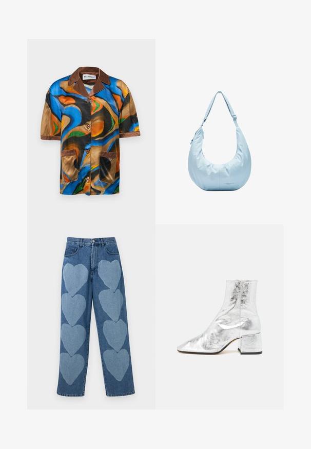 Short-sleeve shirt in multicolored satin featuring abstract swirl patterns, brown collar and pocket trim, and button front closure.; Denim jeans with a relaxed fit, featuring applied light blue heart patterns on the front, five pockets, and a button closure.; Silver ankle boots with a pointed toe, shiny metallic finish, and a block heel. Smooth texture with minimal stitching detail.; Light blue, soft leather hobo bag with a crescent shape. Smooth texture, adjustable strap, and zip closure. Features logo print on the front.
