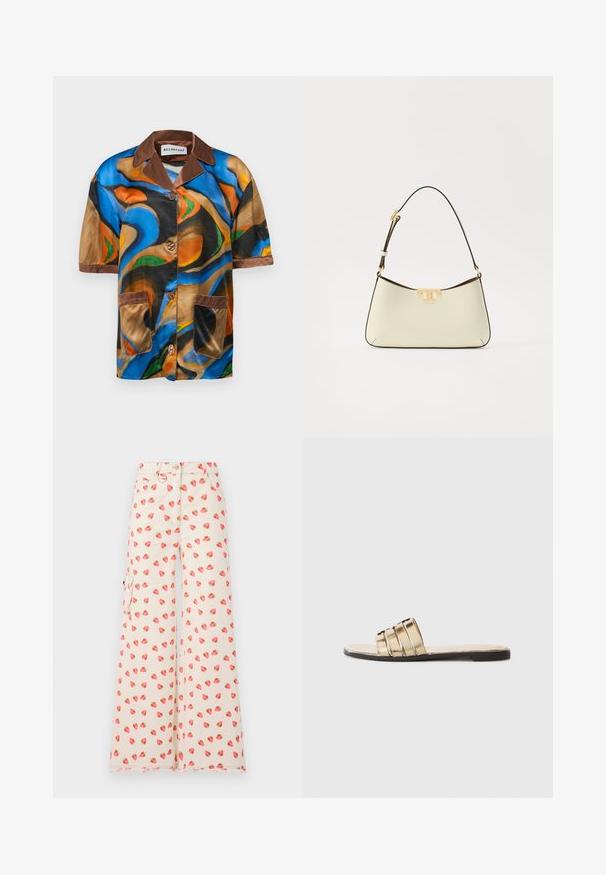 Krāsu piedurkņu krekls no daudzkrāsaina satīna ar abstraktiem vēju zīmējumiem, brūnu apkakli un kabatas apdari, kā arī pogu aizdares priekšpusē.; Platās bikses, kas izgatavotas no gaiši brūna auduma, ar zemeņu rakstu sarkanā un zaļā krāsā. Iekļautas sānu kabatas un saplēsts malas dekorējums.; Zeltaina slaidu sandaļi ar trim horizontālām siksnām. Plakans zole un gluda materiāla tekstūra, ar atvērtu purngalu dizainu.; Kriemeļkrāsas ādas rokassoma ar izliekta formas dizainu. Iespējo zelta toņa logotipa uzsvars un plāna, regulējama tumša siksna.