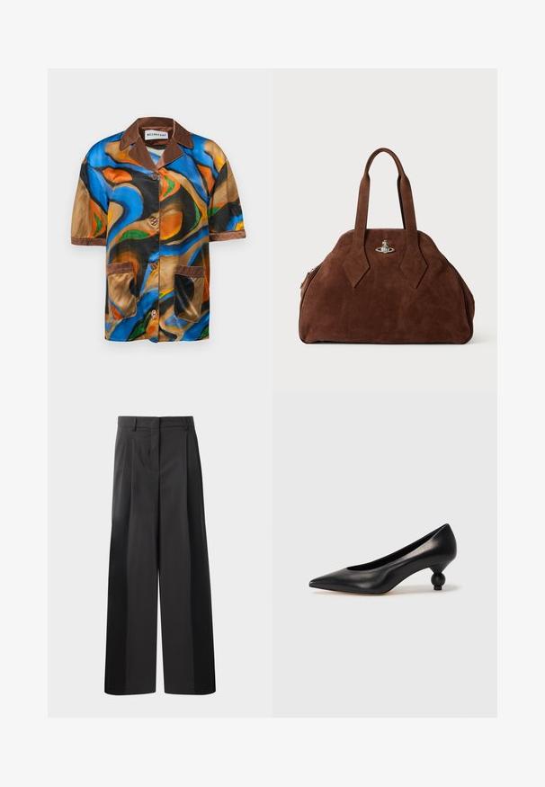 Kurzarmhemd aus mehrfarbigem Satin mit abstrakten Wirbelmustern, braunem Kragen und Taschenbesatz sowie Knopfverschluss vorne.; Schwarze, weit geschnittene Hose mit hoher Taille, versehen mit Frontfalten, einer glatten Textur und einem maßgeschneiderten Finish. Entworfen für eine lockere Passform.; Schwarze Leder-Pumps mit spitzem Zehenbereich und runder, ballförmiger Ferse. Glatte Textur mit einem eleganten, minimalistischen Design.; Braune Wildleder-Handtasche mit strukturiertem Design, abgerundeter Form und länglichen, diamantförmigen Griffen. Mit einem silbernen Metallverschluss ausgestattet.