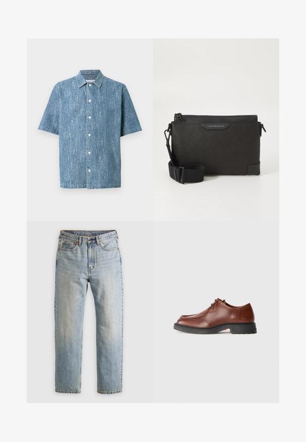 Camisa de manga curta em tecido de denim azul com acabamento texturizado, apresentando uma gola clássica e botões brancos.; Jeans de ganga azul claro com cintura alta, fecho frontal, zipper e design de cinco bolsos, dispostos de forma plana sobre um fundo neutro.; Sapato de vestir de couro castanho com bico arredondado, costura em contraste, design com atacadores e sola de borracha preta texturizada.; Bolsa transversal de couro preto com acabamento texturizado, apresentando um fecho com zipper e alça ajustável. Aplicação do logotipo na parte frontal. Forma retangular.