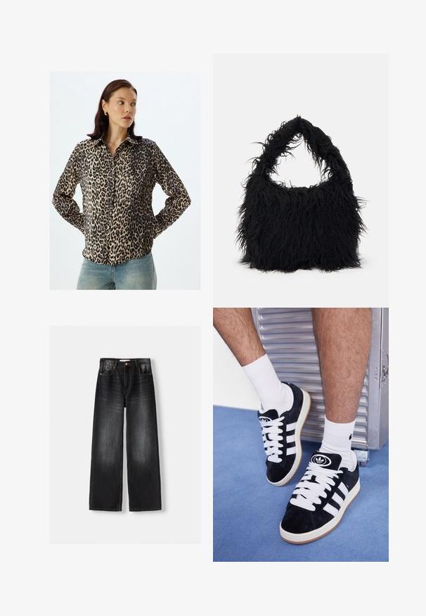 Leopardenmuster-Hemd aus Seidenmischgewebe; lange Ärmel, durchgehende Knopfleiste, klassischer Kragen, mit schwarzen und beigen Farbtönen, dezenter Glanz.; Bershka Flared Jeans - black; Schwarze Wildledersneaker mit weißen Schnürsenkeln und drei weißen Streifen. Verfügt über ein kreisförmiges schwarzes Logo auf der Zunge und eine Gummisohle.; Even&Odd Shopping Bag - black