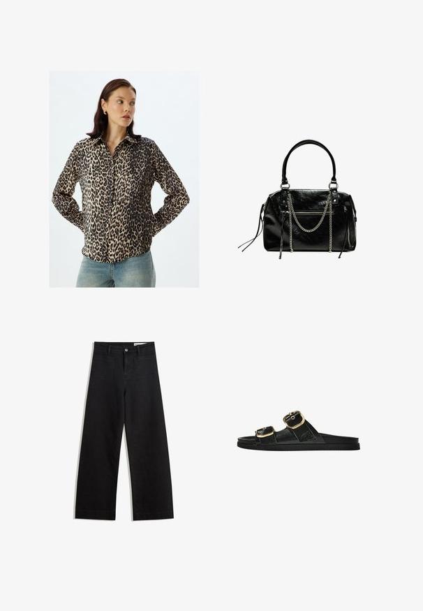 Leopardenmuster-Hemd aus Seidenmischgewebe; lange Ärmel, durchgehende Knopfleiste, klassischer Kragen, mit schwarzen und beigen Farbtönen, dezenter Glanz.; Schwarze weit geschnittene Jeans mit hoher Taille, ausgestattet mit Vorder- und Hintertaschen, gesteppten Nähten und einem Knopfverschluss. Glatte Textur.; Schwarze Riemensandale mit zwei goldenen Schnallendetails, glattem Material, flachem Sohlen und minimalistischer Gestaltung.; Bershka WITH CHAIN - Handtasche - black