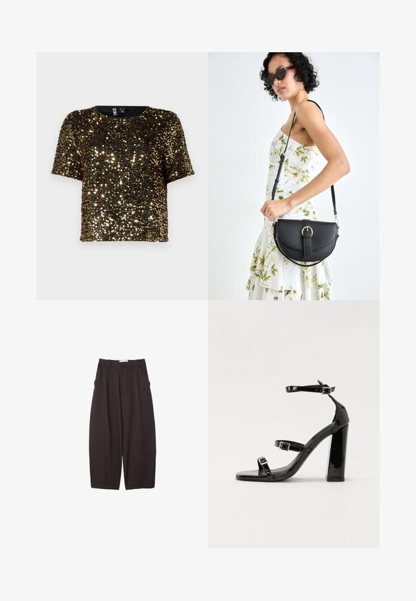 Top corto a maniche corte nero con paillettes, caratterizzato da un collo rotondo. La texture presenta paillettes dorate e nere lucide in un motivo denso.; Pantaloni neri a gamba larga realizzati in un tessuto morbido, con vita alta, pieghe frontali e tasche laterali. Design semplice senza decorazioni.; Sandali con tacco in vernice nera, con punta squadrata, cinturini alla caviglia e fibbie in argento. Presentano un tacco a blocco spesso per maggiore stabilità.; Borsa a tracolla nera in pelle con una forma curva, manico rimovibile e accessori dorati. La borsa presenta una patta con un dettaglio a fibbia.